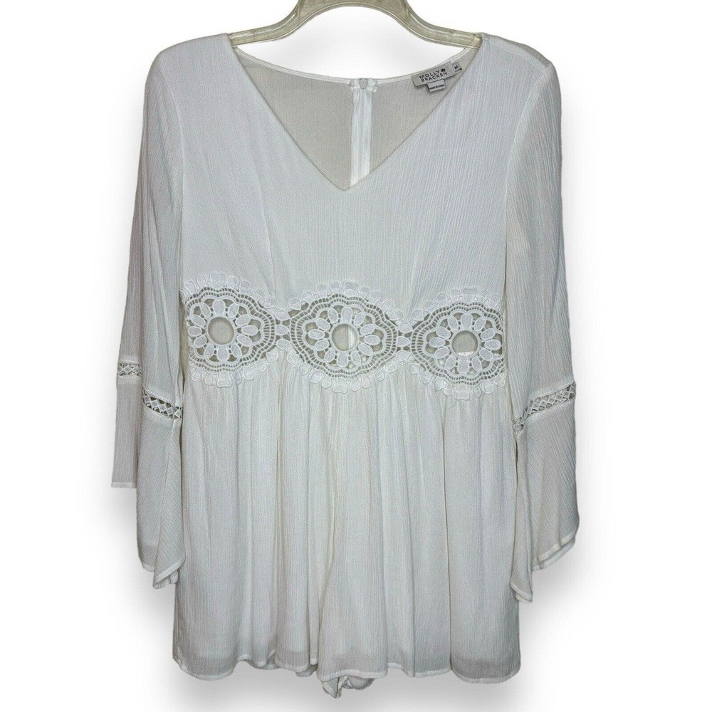 MOLLY BRACKEN Womens Medium Bell Sleeves V-Neck Romper White Cut-Out Floral Boho